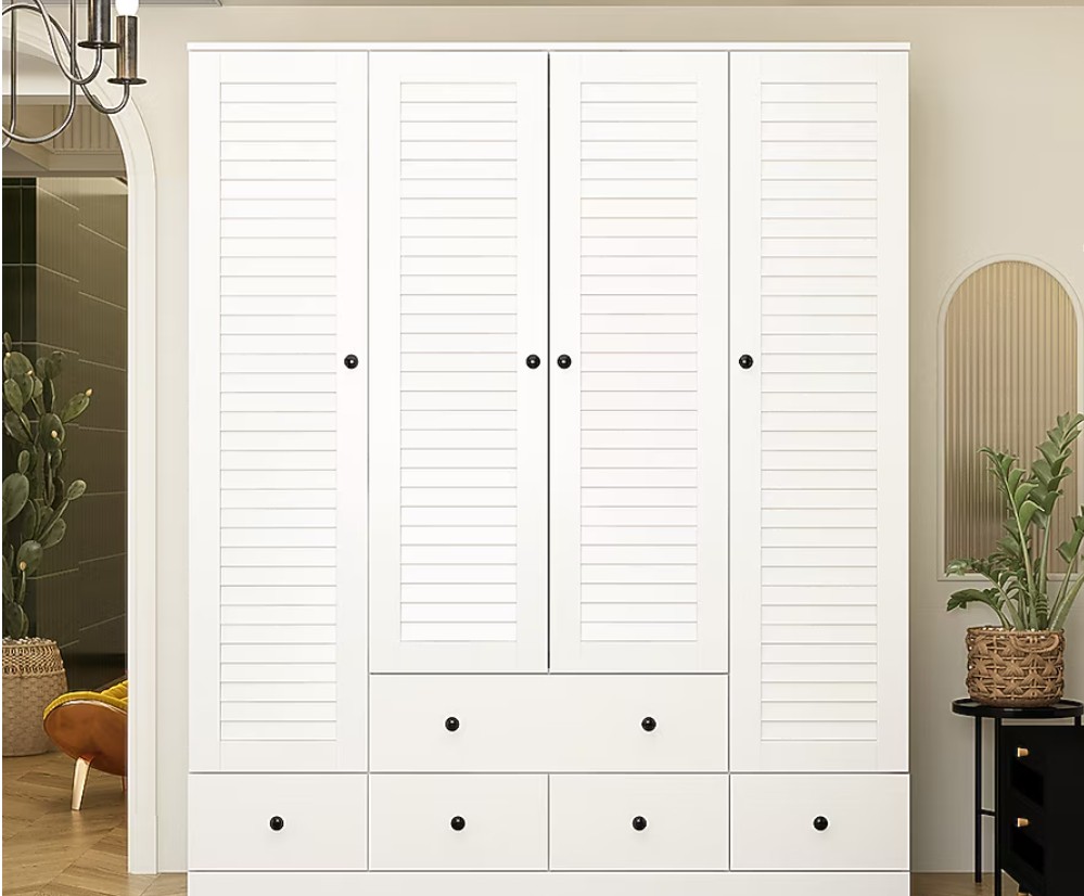 Large 4 Louver Doors Wardrobe Armoire with Multi Tier Shelves 5 Drawers and Hanging Rods Wooden Closet Storage Cabinet 59.1”L x 19.1”W x 70.5”H White
