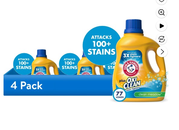 (4 pack) ARM & HAMMER Plus OxiClean Clean Meadow, 77 Loads Liquid Laundry Detergent, 100.5 fl oz