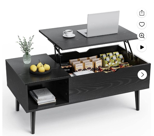 edx Wooden Lift Top Coffee Table with Hidden Compartments and Adjustable Shelves – Ideal for Small Homes, Apartments, Reception Rooms, Black Grain