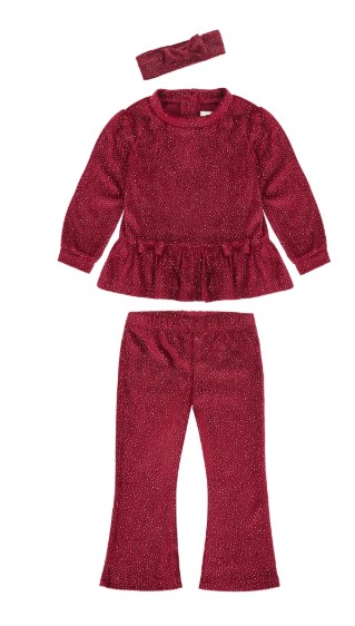 Wonderluxe Baby Girls’ Cozy Velour Top, Pant and Headband, 3-Piece Set, Sizes 0-3M-24M