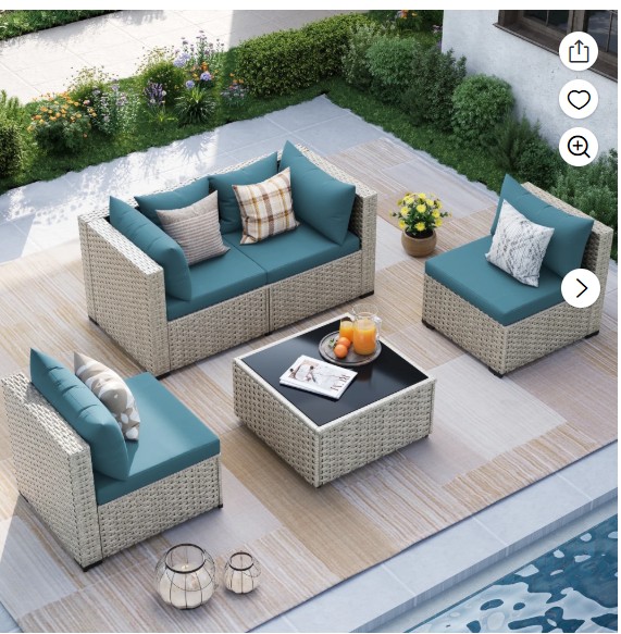 MRUAKA Outdoor Patio Furniture Set, 5-Piece Modular Sectional Sofa With Tea Table and Free Cushion, PE Wicker Outdoor Conversation Set for Patio, Garden, Backyard,Peacock Blue