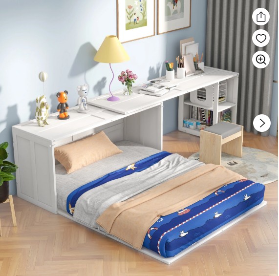 Euroco Queen Size Murphy Bed with Rotable Desk and Shelf for Living Room, Sapce-Saving & Easy Open and Close, White