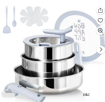 Carote 10-Piece Tri-Ply Stainless Steel Cookware Set with Detachable Handle, Induction Compatible