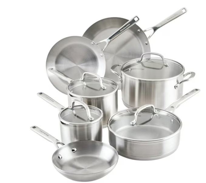 KitchenAid 3-Ply Base Stainless Steel 11-Piece Cookware Set, Brushed Stainless Steel