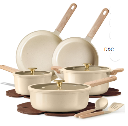 Carote 13-Piece Pots and Pans Set, Nonstick Cookware with Lids, Induction Compatible, Kitchen Cooking Set with Utensils & Protectors, Oatmeal