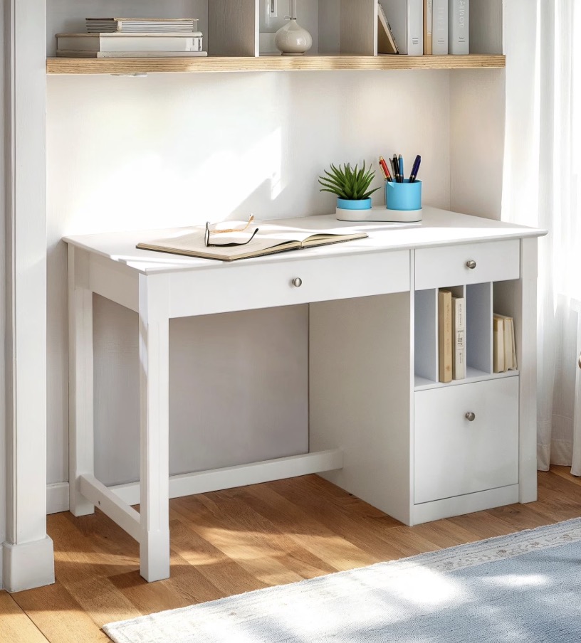 Walker Edison Modern Wood Computer Desk with Keyboard Tray and Drawers, White