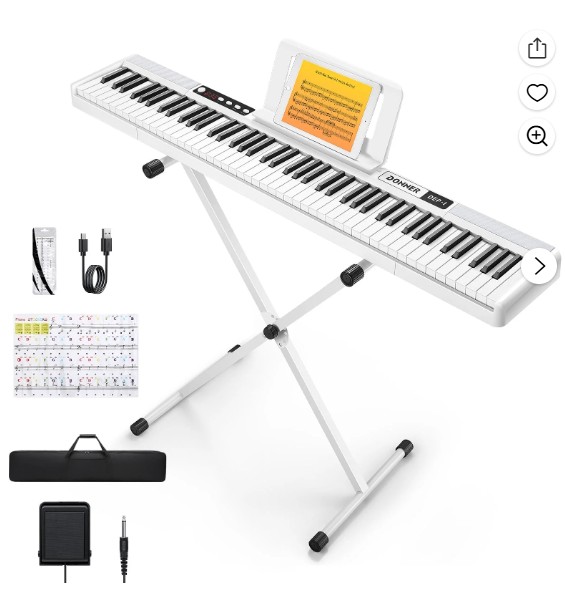 Donner DEP-1 Piano Keyboard 88 Keys, Beginner Digital Keyboard Piano Velocity-Sensitive Keys, Portable Electric Piano with Stand, Sustain Pedal, Carrying Case and Keyboard Stickers, White