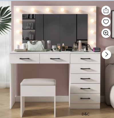 Ktaxon Large Makeup Vanity, Get Ready with Me GRWM Vanity Table Set w/ Visible Glass Top w/ Charging Station, White