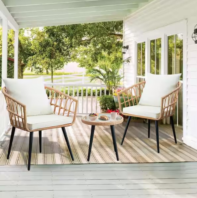 Bohemian 3-Piece Wicker Patio Conversation Set with Beige Cushions