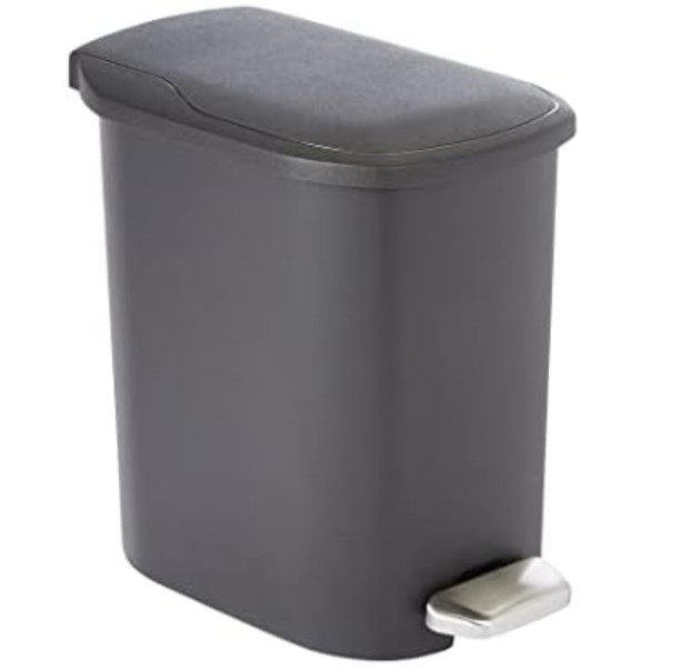 Amazon Basics Compact Plastic Bathroom Trash Can with Hands Free Foot Pedal, Quiet Close Step-On, 6 Liters, Black, Lid Included