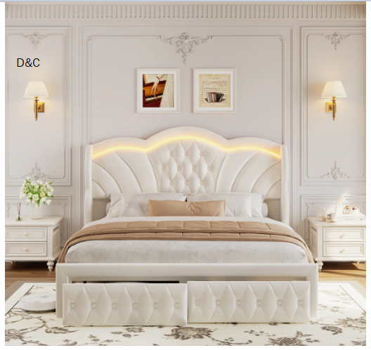 Velvet Upholstered Wingback Bed, Storage Bed with LED Lights