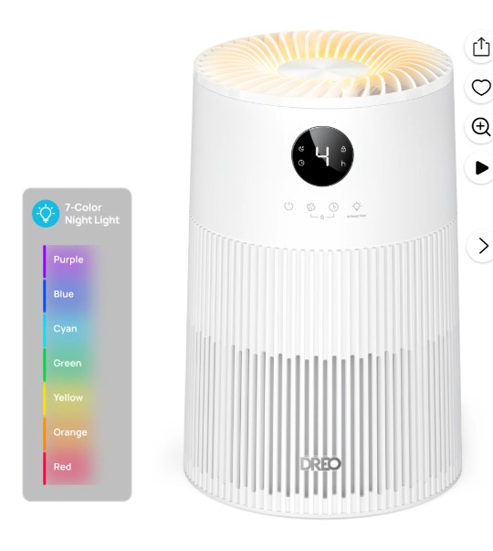 Dreo HEPA Air Purifier for Room Covers 1488 sq. ft/2h, Purificador for Allergies and Asthma with 7-color Night light, Remove 99.97% Pet Hair, 3-in-1 Filter, 18W DC Motor Energy-Save, 22dB Sleep Mode1