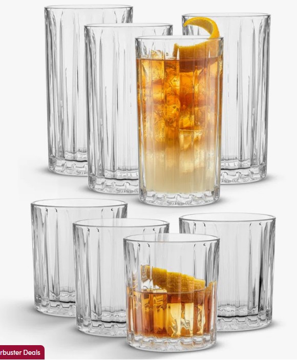 JoyJolt Alina Ribbed Highball and DOF Drinkware Glasses (Set of 8)