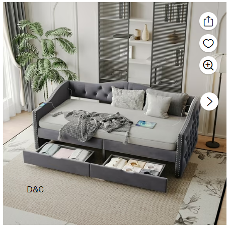 Jopath Twin Size Upholstered Daybed with Storage Drawers, USB Port ,Velvet Daybed with Button on Back and Piping on Waved Shape Arms for Bedroom Living Room Guest Room Grey