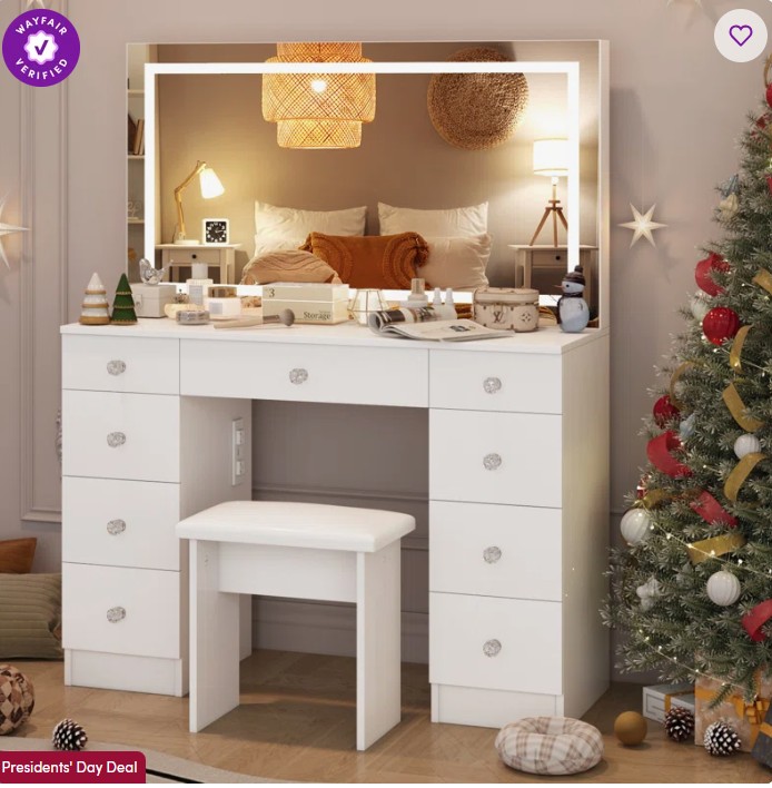 Greyden Vanity Set With LED Mirror & Power Outlets, 9 Drawers with Diamond Handles