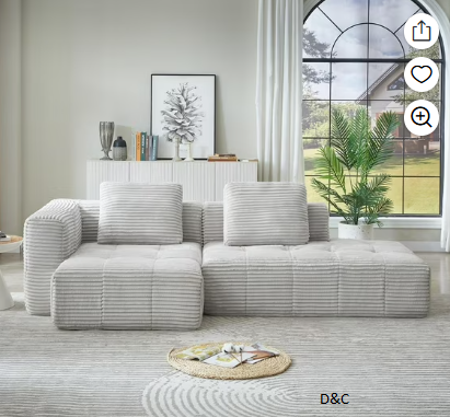 L-Shape Modular Sectional Sofa with Chaise Lounge Light Grey Corduroy Oversized Couch for Living Room Apartment No Assembly Required Compressed