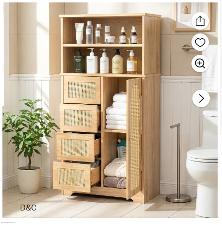 Ktaxon Bathroom Floor Cabinet with 4 Drawers 1 Cupboard & 2 Adjustable Shelves for Kitchen Living Room, Rattan