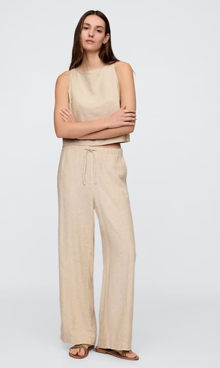 Mid Rise Linen-Blend Pull-On Wide-Leg Pants