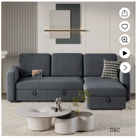 Alden Design Reversible Sectional Sofa with Storage Compartment & USB Ports for Livingroom, Dark Gray