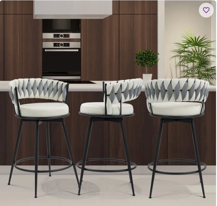 Rezki 28″ Counter Height Bar Stools Set of 3 – 360° Swivel with Suede Fabric & Modern Woven Design, Backrest & Footrest for Kitchen Cafe Pub (Set of 3)