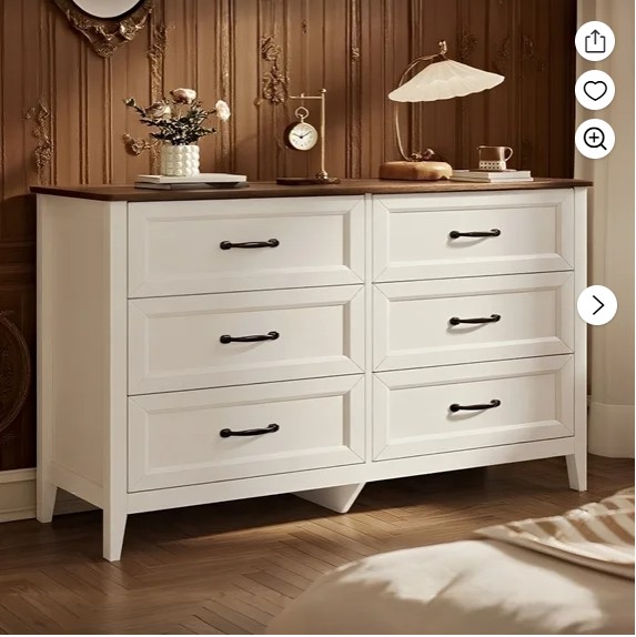 White Dresser, Lofka 6 Drawer Dresser for Bedroom, Chests of Drawers for Living Room, White+Rustic Brown