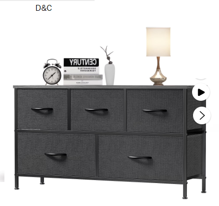 EDX 5 Drawer Dresser, Wide Chest of Drawers Nightstand Storage Tower Storage Fabric Dresser with Wood Top for Living Room, Bedroom, Hallway,Black