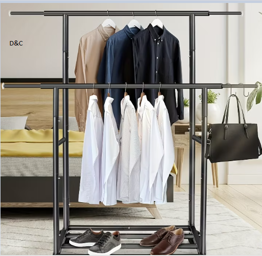 Heavy Duty black Garment Rack with Locking Wheels, Commercial Double Rod Rolling Clothes Rack for Retail or Home