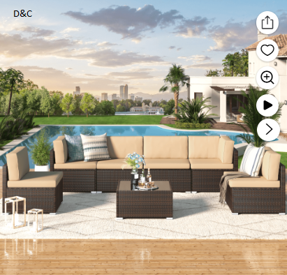 YODOLLA 7 Pc Patio Furniture Set in Beige Cushion& Black PE Rattan Outdoor Sectional Sofa Couch Patio Conversation Set with Table