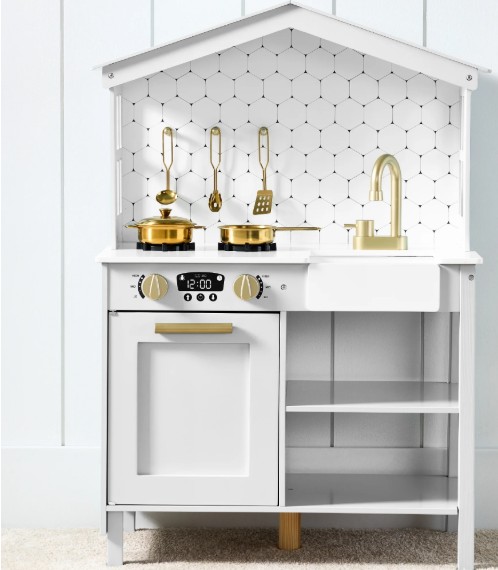 Best Choice Products Pretend Play Wooden Farmhouse Kitchen Set w/ Storage, Clicking Knobs, 5 Accessories – Beveled White