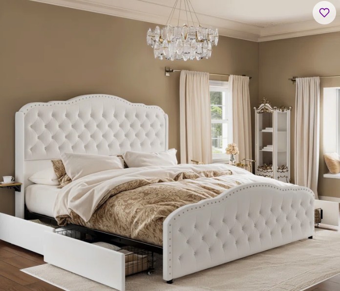 Maber Upholstered Queen Bed with 4 Drawers, Storage Platform Bed with 2 Bedside Tables , Velvet Wingback Bed, No Boxing Spring Needed, Beige