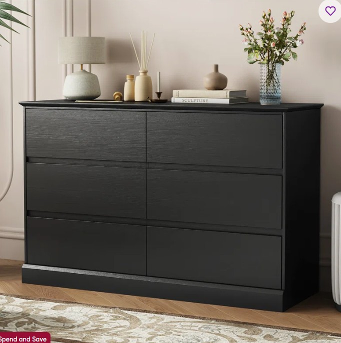 6 Drawer Double Dresser, 47.2″ Chest Of Drawers, Modern Bedroom Dresser for Closet and Living Room, Black