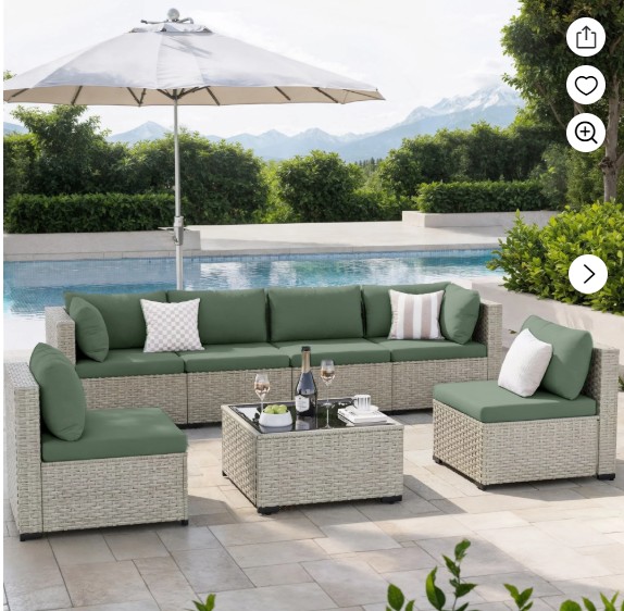 Amopatio 7 Pieces Patio Conversation Set, Outdoor Sectional PE Rattan Wicker Furniture Seat,GREEN