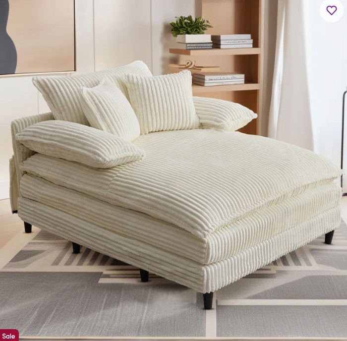 Latitude Run 55″ W Oversized Corduroy Chaise Lounge Chair, Upholstered Sleeper Sofa Bed with 3 Pillows,4-Level Adjustable Backrest