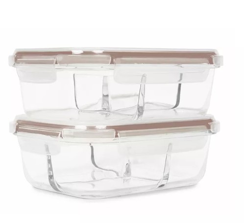 Set of 2, 3 Compartment Glass Food Storage Set