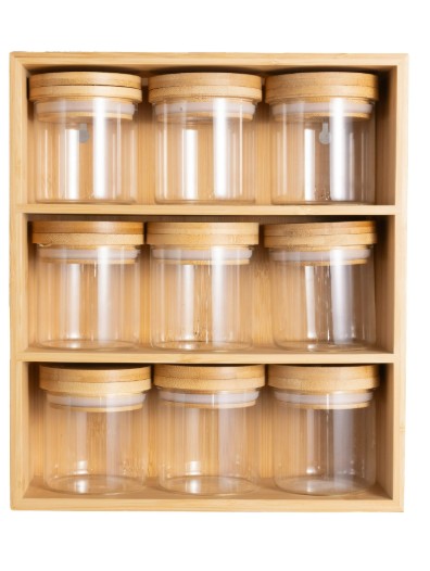 Better Homes & Gardens, Bamboo Holder with 9 Bamboo Swivel Lid Glass Spice Jars, 10 x 11.6 x 3.9 in