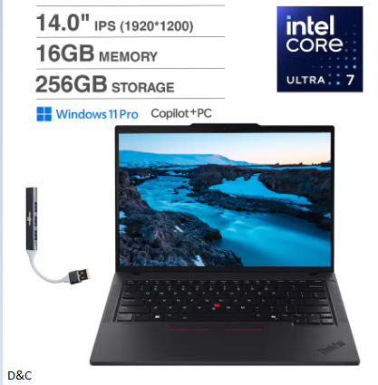Lenovo – ThinkPad T14 Laptop 14.0 WUXGA (Intel Ultra 7-255U, 16GB DDR5, 512GB PCIe SSD, Win 11 Pro) w/USB Hub – Black