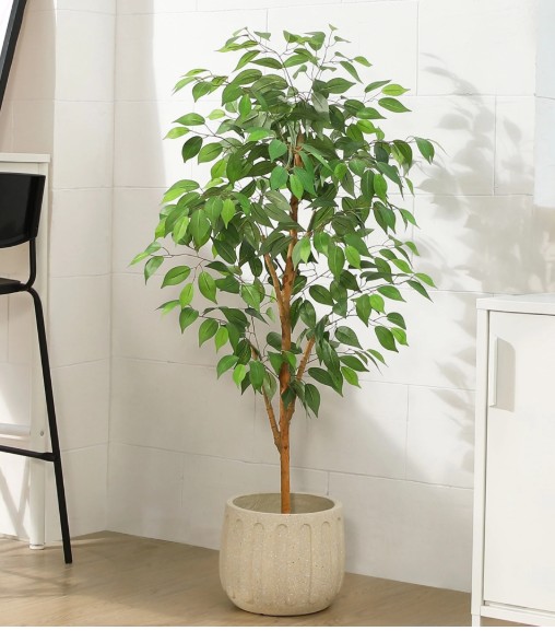 4FT Artificial Ficus Tree with Natural Wood Trunk and Lifelike Leaves, Silk Fake Potted Tree with Wood Branches, Faux Tree for Office Home Decor