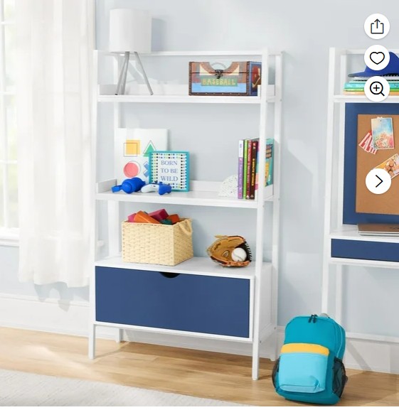 BYO Kids Ladder Bookcase with Drawer, Navy Blue/White