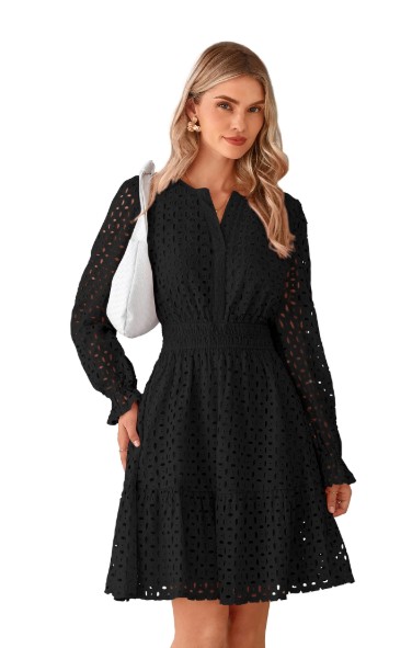 PRETTYGARDEN Women’s Long Sleeve Eyelet Mini Dress, Sizes S-XXL