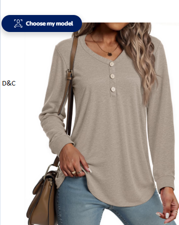 MOSHU V-neck T Shirts for Women Casual Long Sleeve Tunic Tops Curve Hem Fall Button Shirts