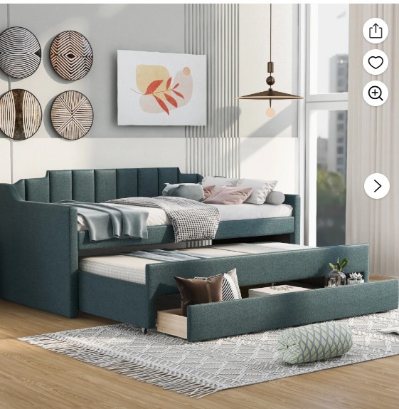 EUROCO Twin Size Upholstery Daybed, Storage Sofa Bed with Drawers and Moveable Twin Trundle Bed for Kids and Adults, No Box Spring Needed, Green