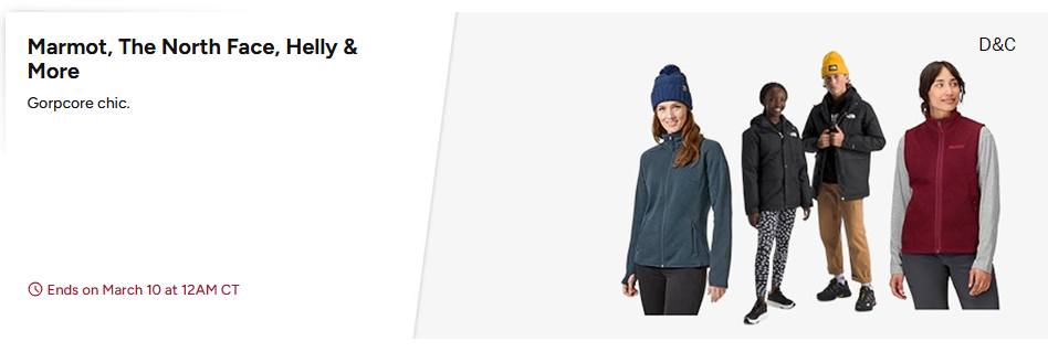 Marmot, The North Face, Helly & MoreHuge price discounts on top brands.