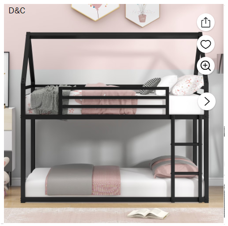 Euroco Twin Over Twin House Bunk Bed with Built-in Ladder for Kids Teens, Black