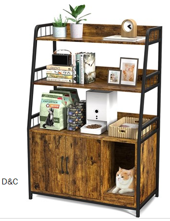 Easycom Cat Litter Box Enclosure Furniture – Large Hidden Litter Box Furniture with Shelf Storage, Wooden Cat House with Cat Scratching Pad, Large Double Door Design, Fit Most of Litter Box