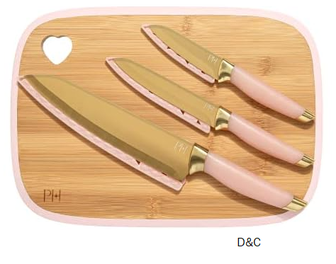 Paris Hilton Reversible Bamboo Cutting Board and Cutlery Set with Matching High Carbon Stainless Steel Knives, Blade Guards, Sleek Yet Comfortable Handle Grips, 7-Piece Set Gold, Pink