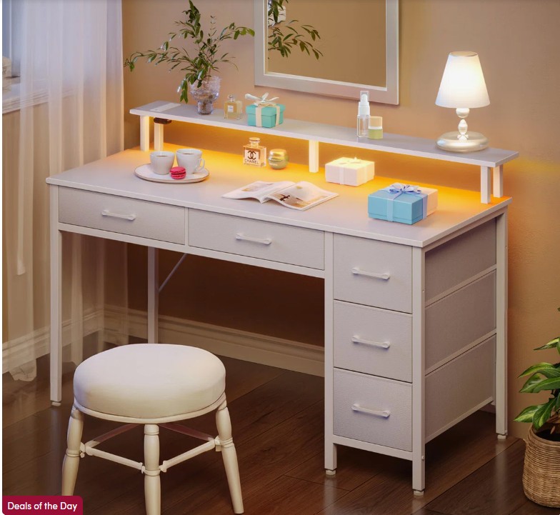 Linze Computer Desk w/ Monitor Shelf, RGB LED Lights, USB Ports & Drawers