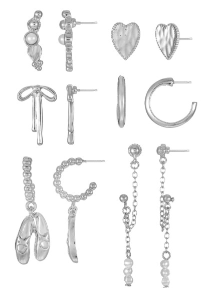 No Boundaries Silver-Tone Multi Earring Set with Studs, Mini Hoops and Charms, 6-Pairs, Women’s