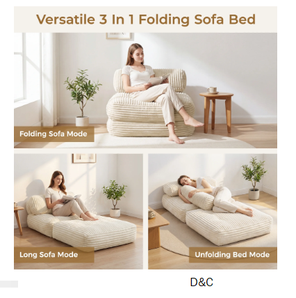 Neche Single Corduroy Convertible Sleeper Sofa – Folding, Pillow Included, Back Support, Portable for Living Room & Bedroom, Beige