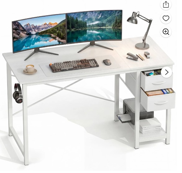 CONCETTA Small Computer Desk with 2 Drawers, 47in Writing Work Study Computer Desk, Side Headphone Hook, Modern Style for Home Bedroom, White