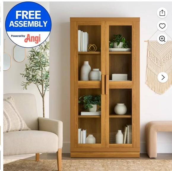 Better Homes & Gardens Ezra Glass Door Storage Accent Cabinet, Light Honey finish